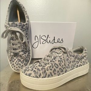 NWB J/SLIDES Leather “Hilton” Grey Leopard Platform Sneakers